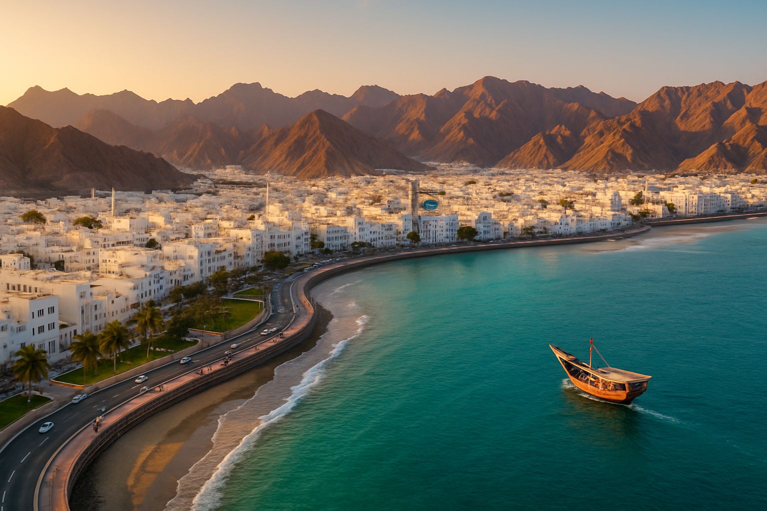 Aerial view of the Muttrah Corniche at sunset, a traditional dhow on the turquoise water beneath the Hajar mountains