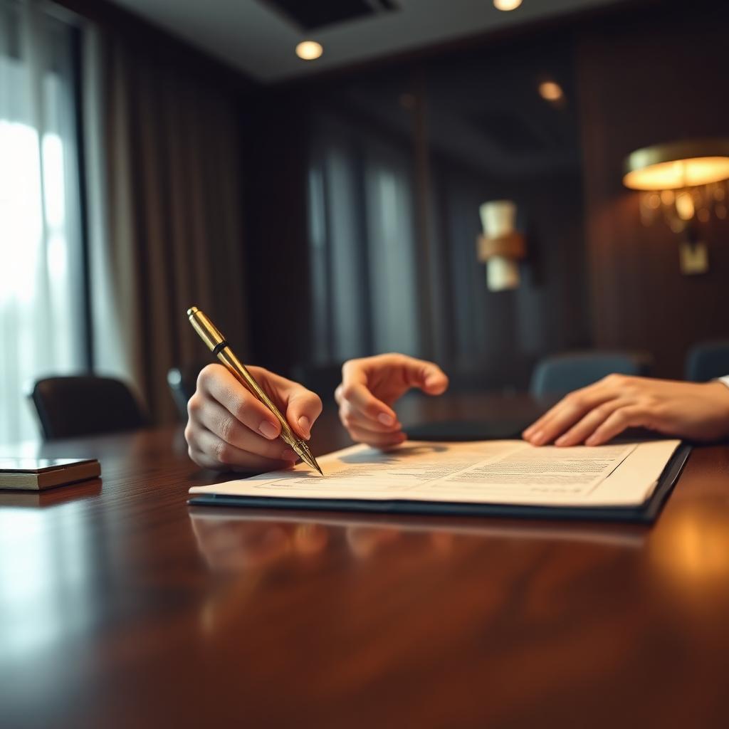 Signing of an equity prospectus on a dark walnut boardroom desk under warm lamp light