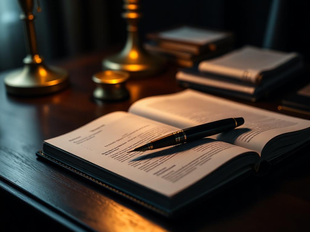 Leather-bound investment ledger with a fountain pen on a walnut desk