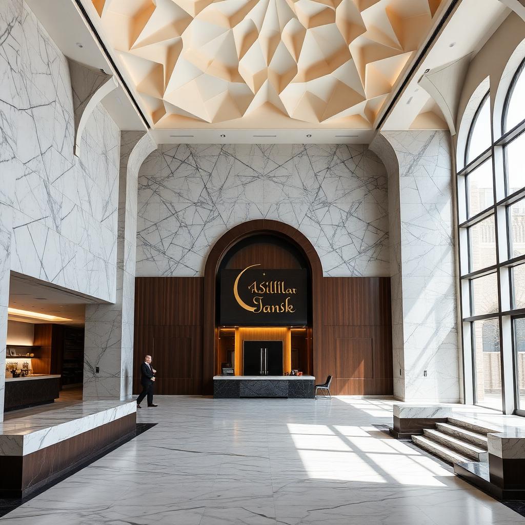 A marble and dark wood Islamic bank lobby interior with geometric ceiling detail