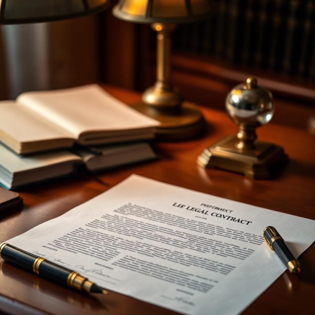 An open legal contract on a walnut desk with a fountain pen and brass paperweight
