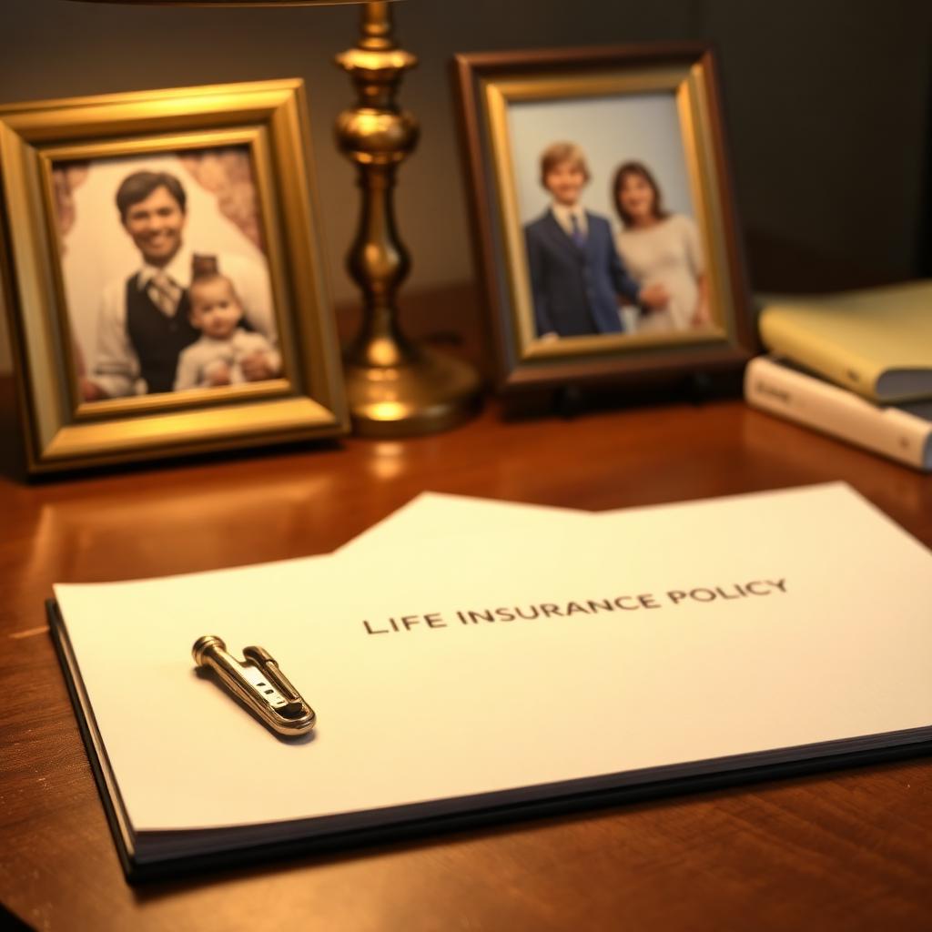 A life insurance policy folder on a walnut desk beside a family photograph in a brass frame
