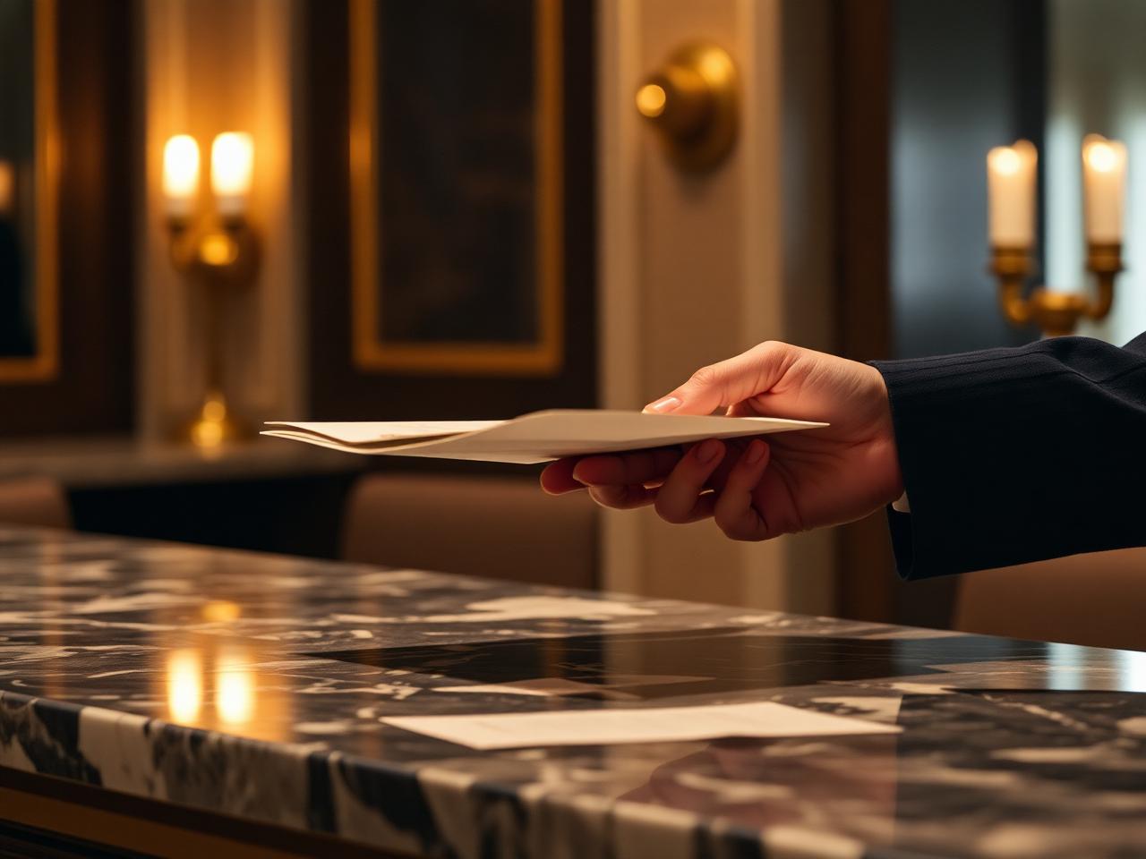 Hands passing a folded document across a polished marble counter under warm brass sconce light