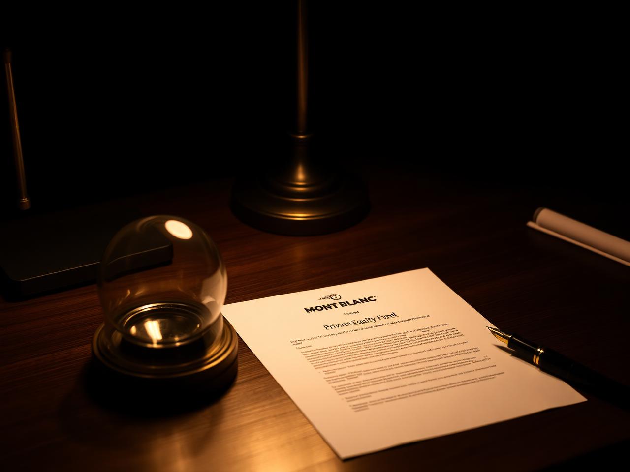 A private equity fund term sheet on a walnut desk under warm lamp light
