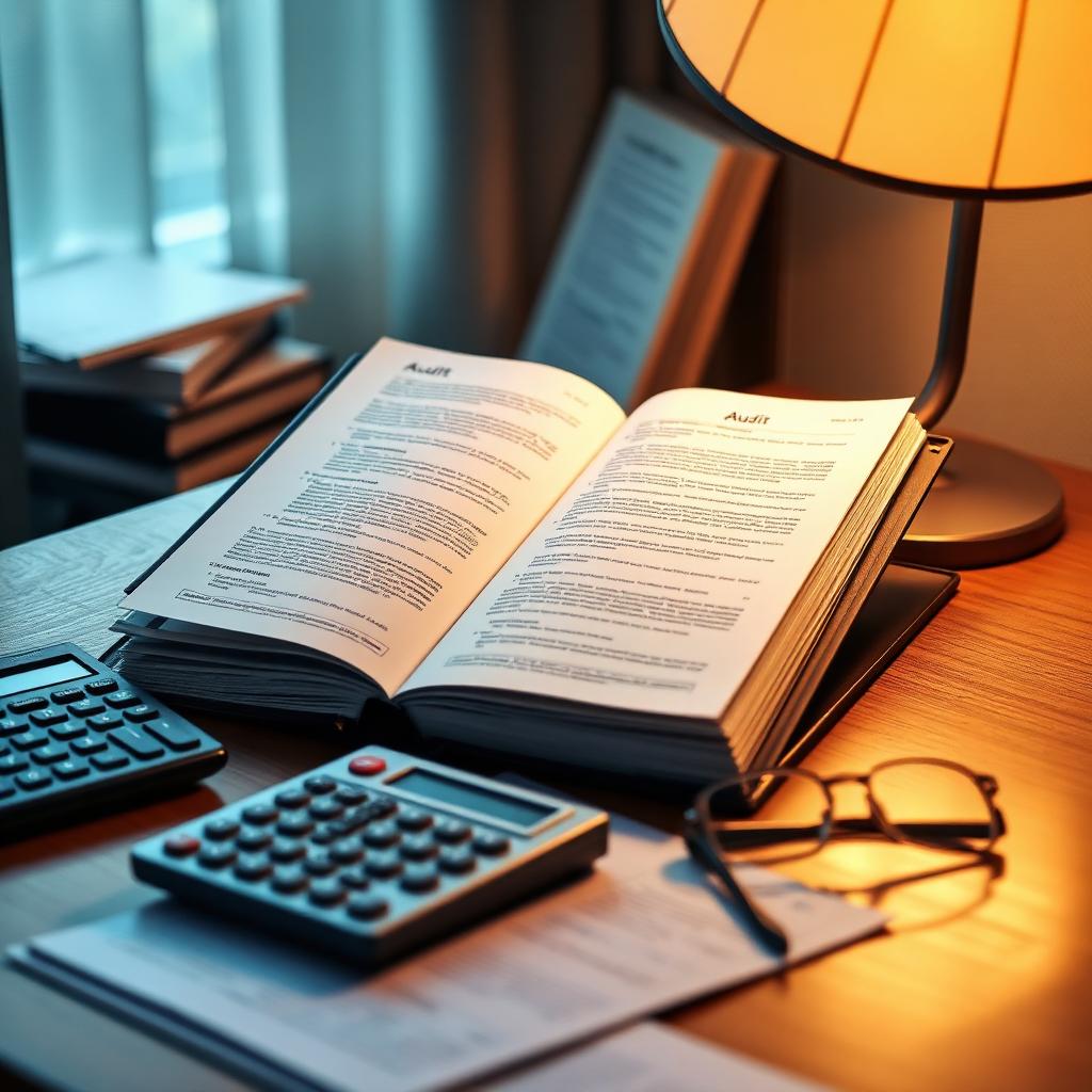 An audit binder open on a walnut desk beside a calculator and spectacles