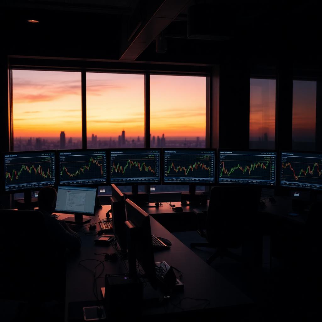A bond syndication desk at dusk with monitors displaying yield curves and a distant city skyline