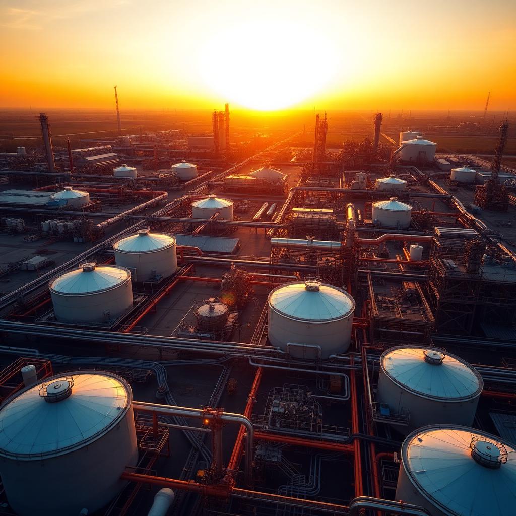 Aerial view of an industrial refinery complex at golden hour with tanks and pipework