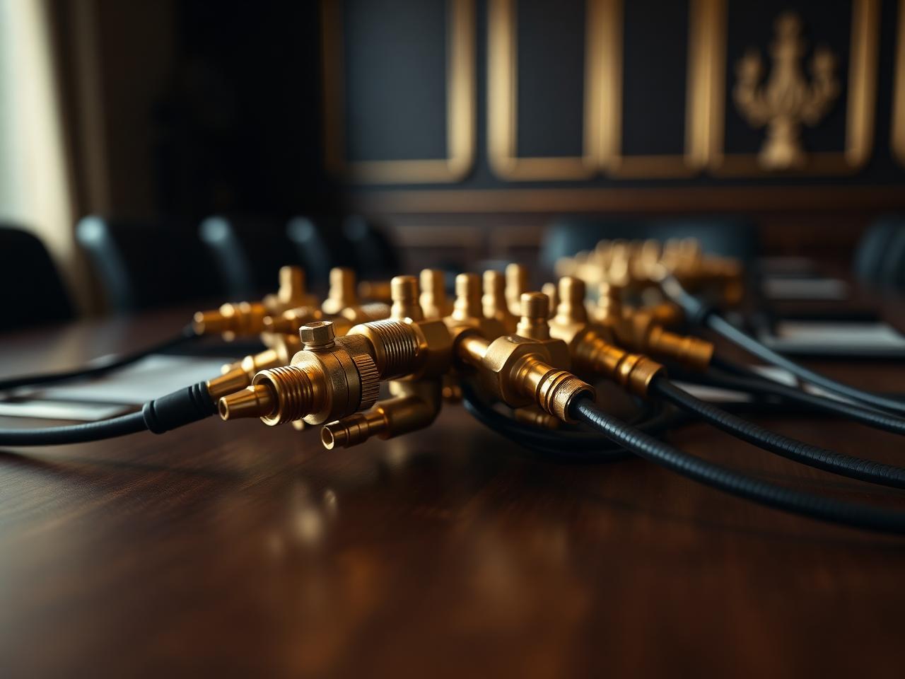 Brass connectors and delicate cabling arranged on a dark walnut boardroom table