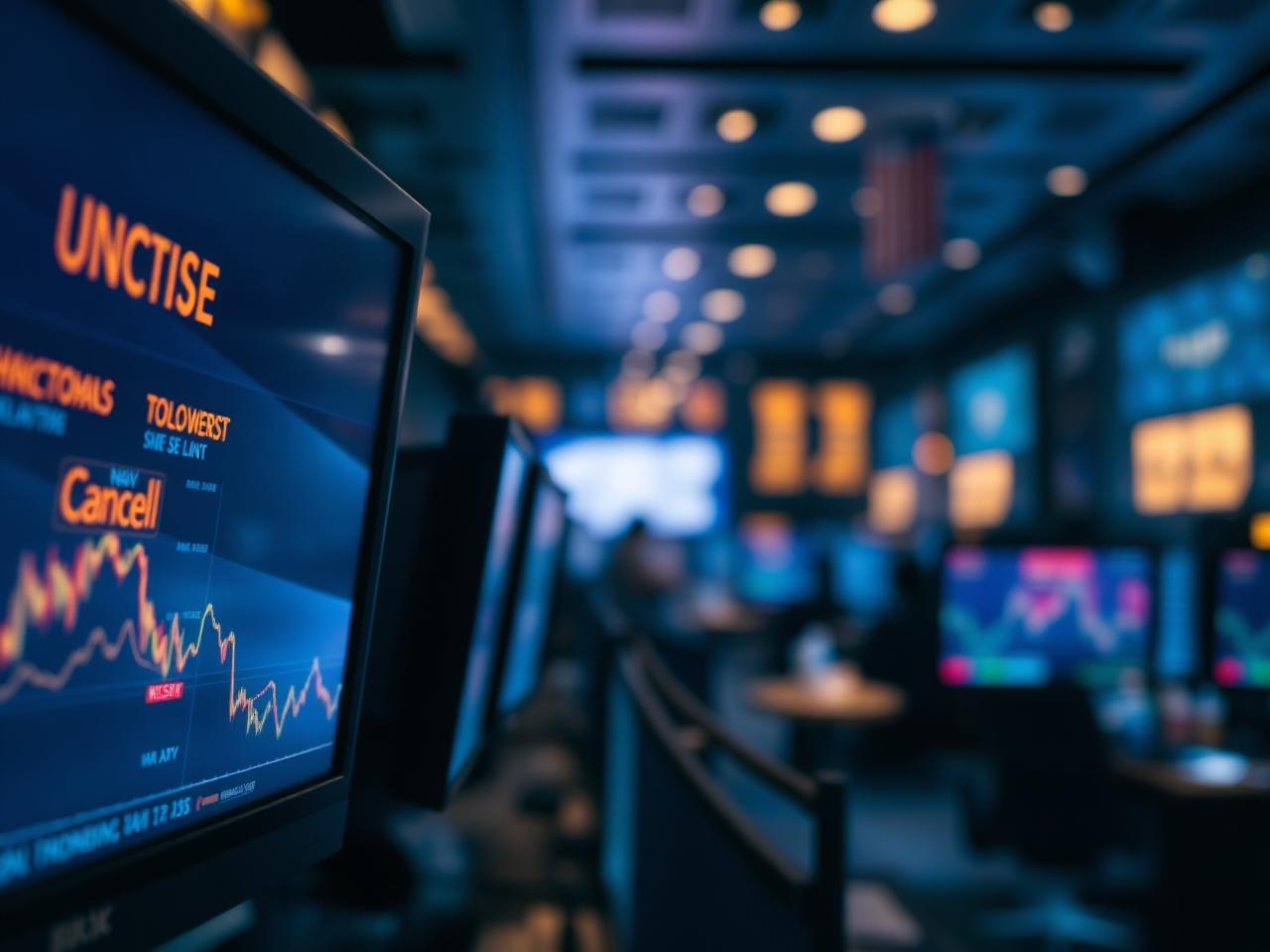 A trading floor at blue hour with monitors displaying NAV and equity data