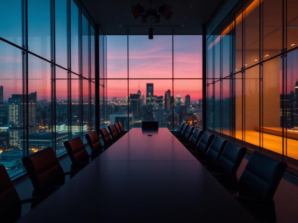 Modern private equity boardroom at dusk with city skyline through glass walls