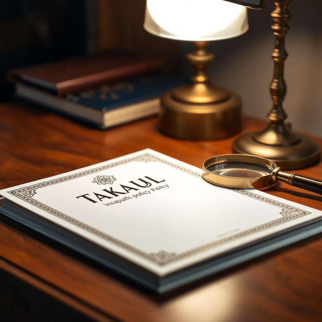 A takaful policy folder on a walnut desk beside a brass magnifying glass