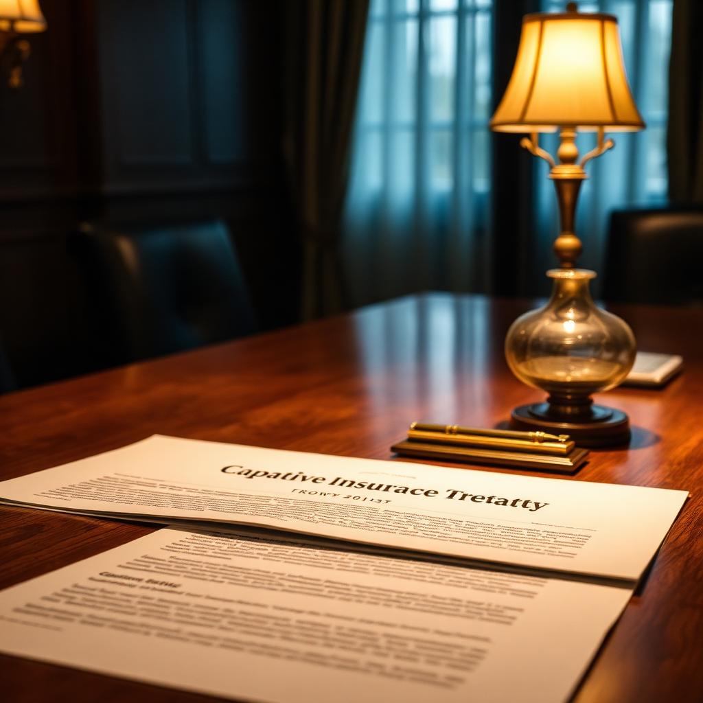 A captive insurance treaty document on a walnut boardroom table under a brass lamp