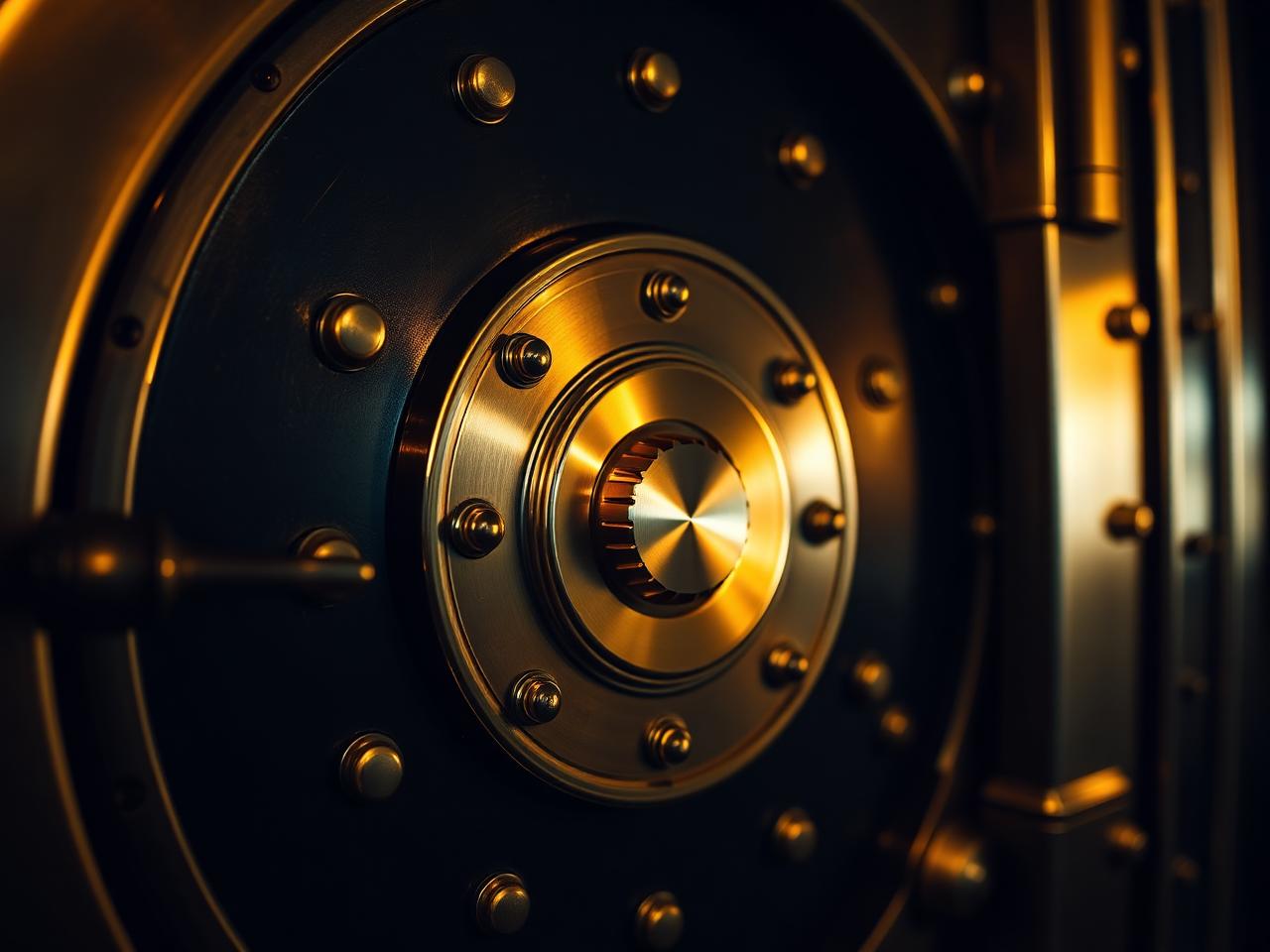 Close-up of a bank vault door with polished brass hardware and combination dial in low warm light