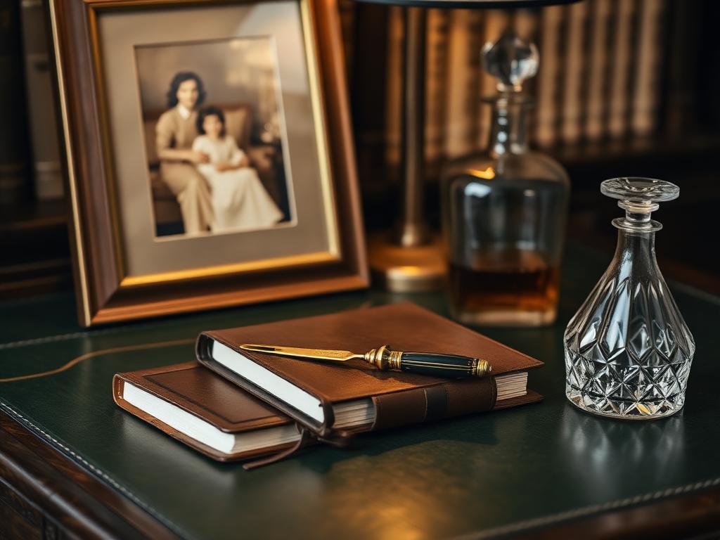 Heirloom writing desk with framed family photograph, leather diary, and crystal decanter