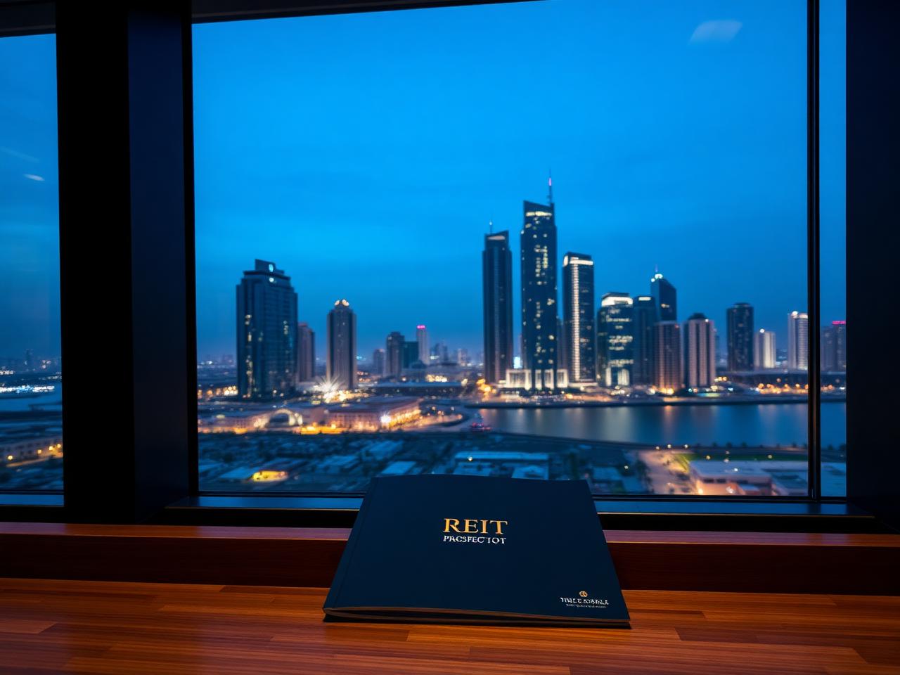 Muscat property towers viewed through a boardroom window at blue hour with a REIT prospectus on the ledge