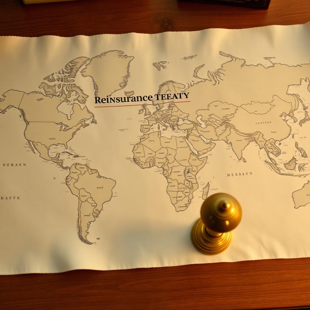 A reinsurance treaty document overlapping a world map printed on parchment