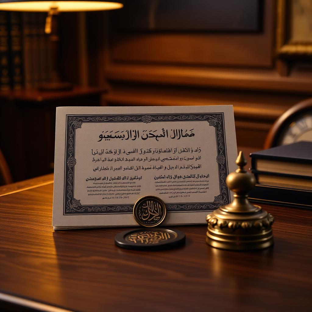 An Islamic finance Sukuk certificate with a calligraphic seal on a dark walnut desk under warm light