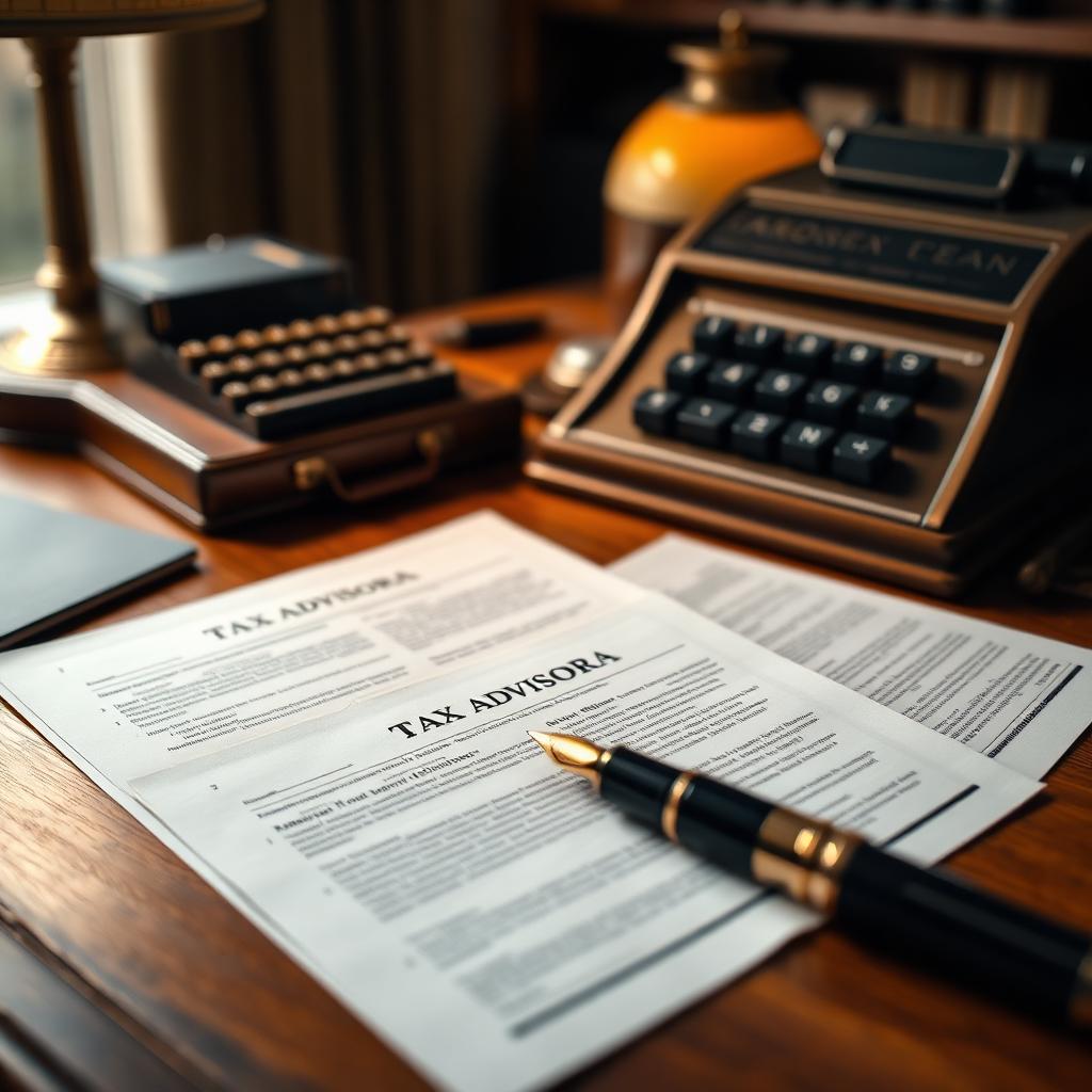 Tax advisory memoranda on a walnut desk with a fountain pen and vintage adding machine