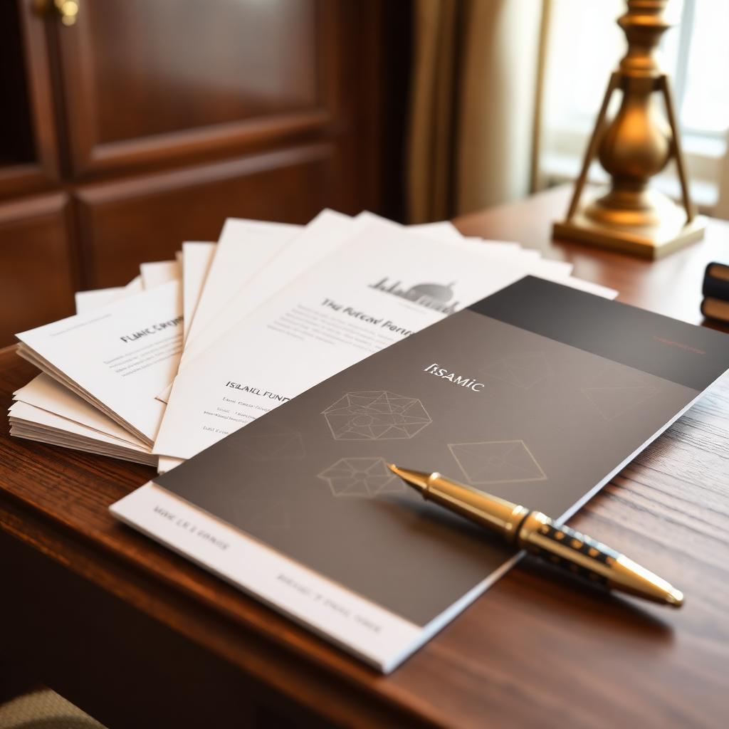 An Islamic-compliant fund prospectus fanned across a walnut desk with a fountain pen