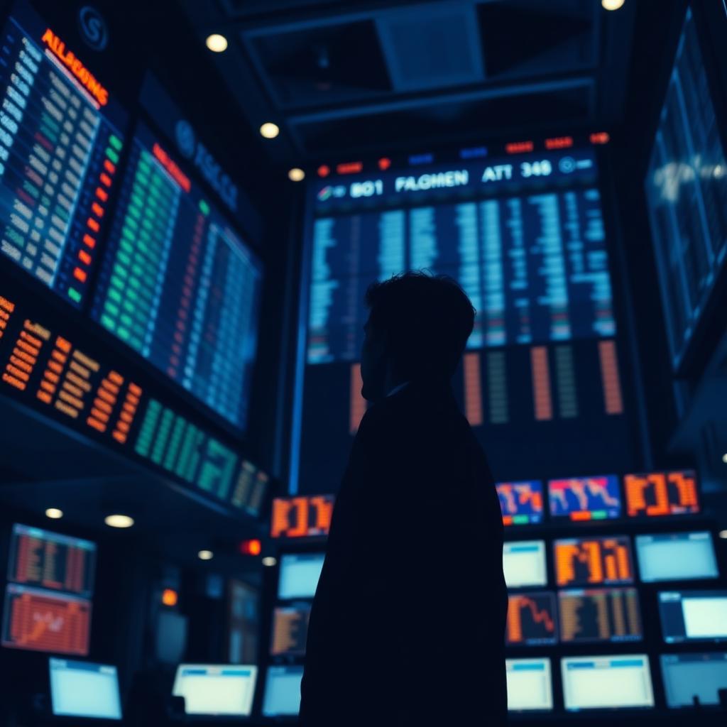 Silhouette of a trader in front of a wall of illuminated order-book displays at blue hour