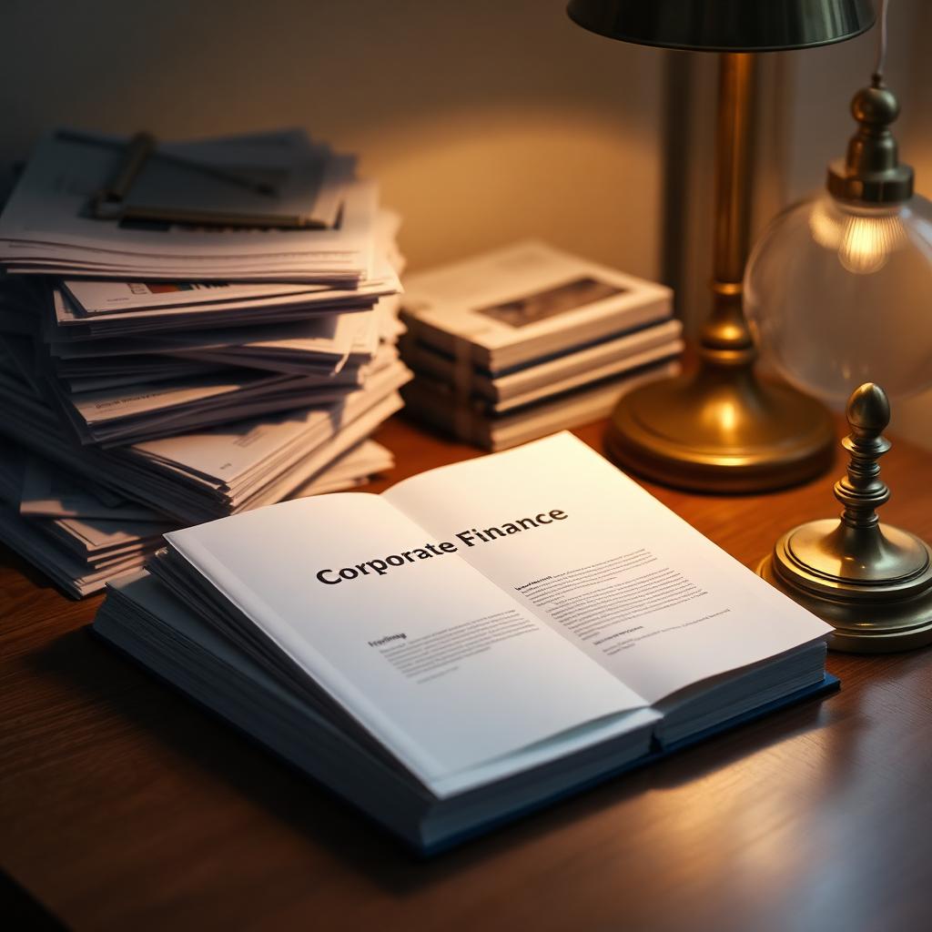 A corporate finance pitchbook on a walnut desk beside stacks of financial printouts