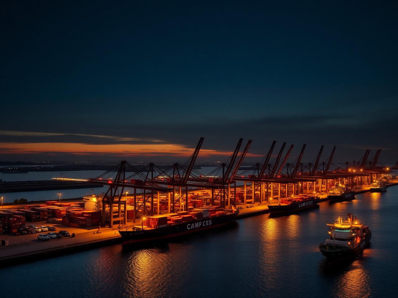 Aerial view of a modern container port at dusk with cranes and shipping in warm golden light