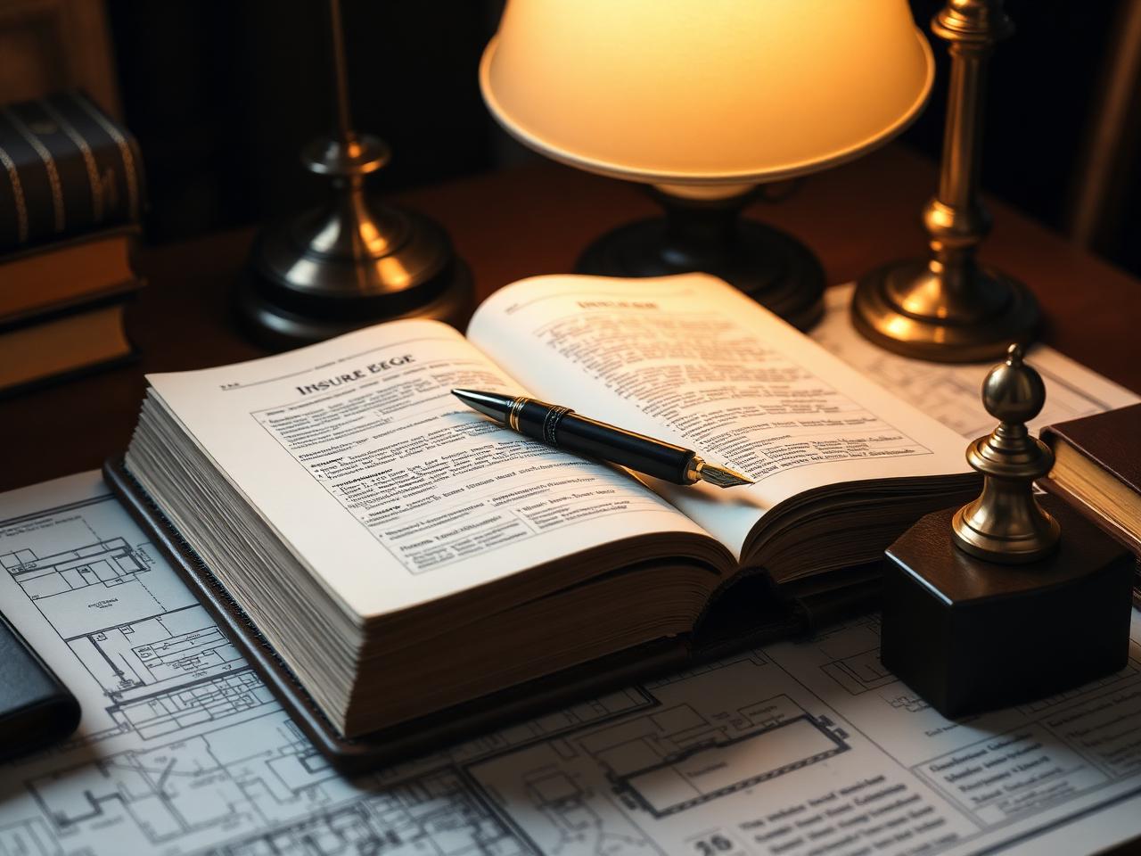 Leather-bound insurance ledger open on a walnut desk with a fountain pen and brass lamp