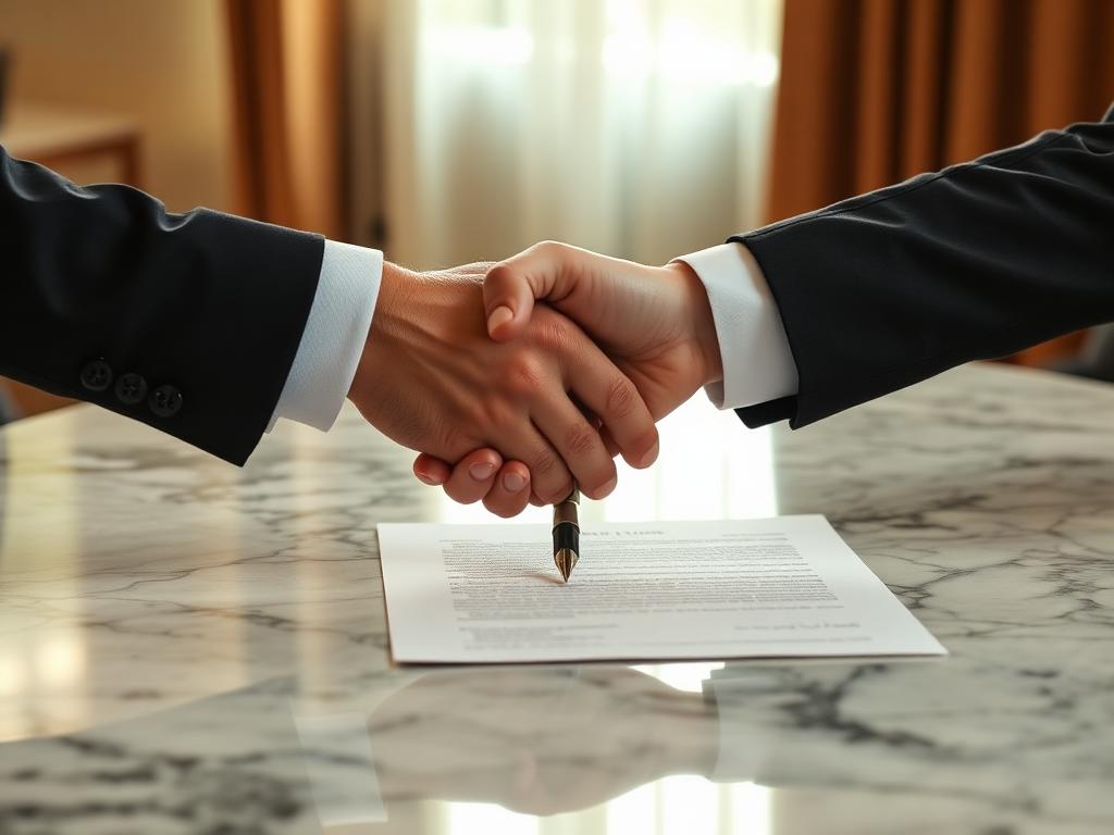 Two hands sealing a formal agreement with a handshake over a marble table