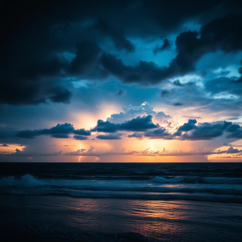A dramatic weather system over ocean at dusk with distant lightning and storm clouds