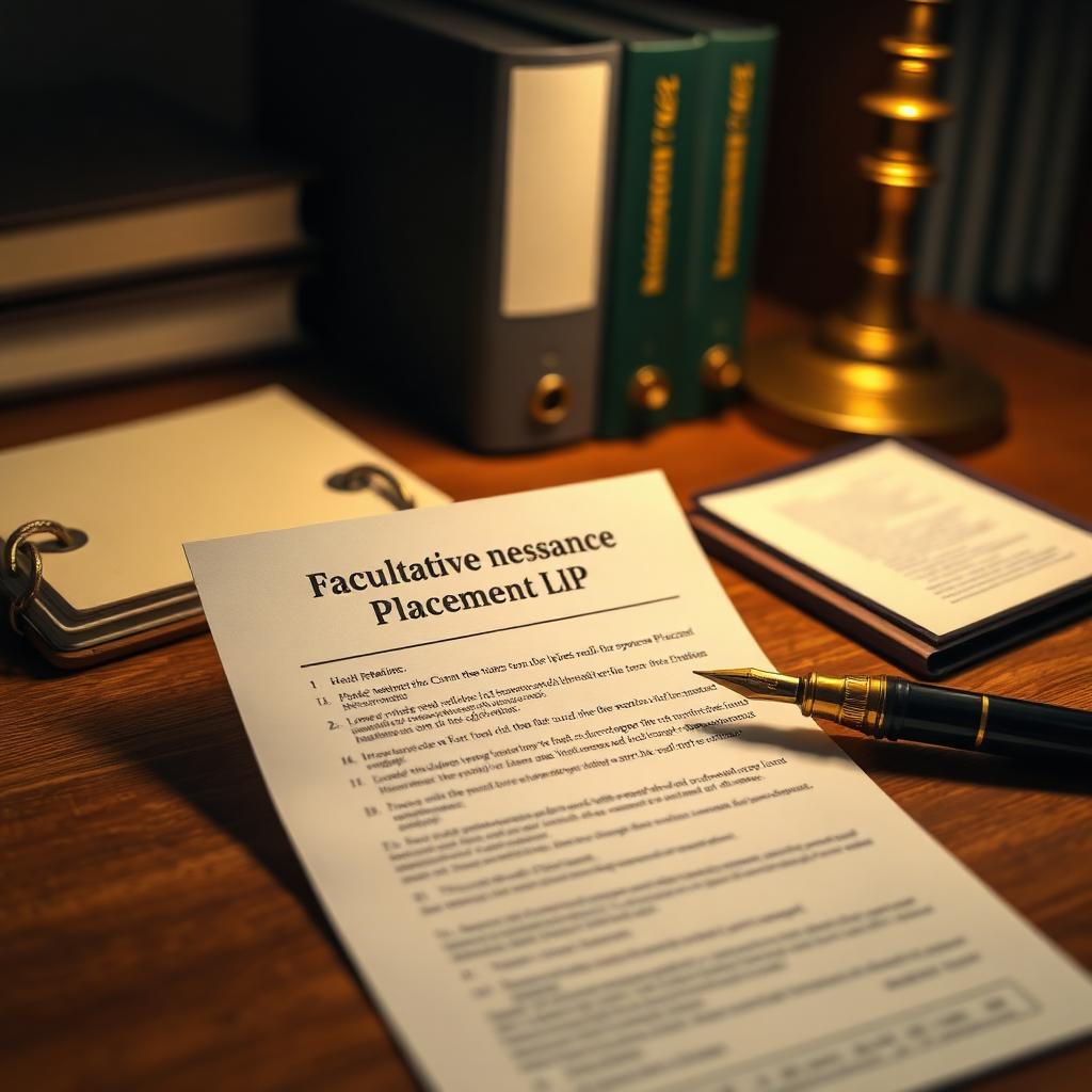 A facultative reinsurance placement slip on a walnut desk with a fountain pen and Rolodex