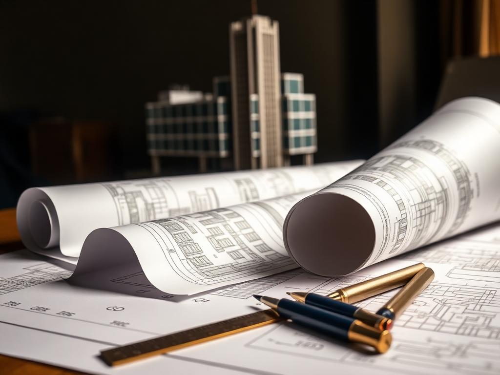 Architectural blueprints and a brass ruler on a drafting table with a building model