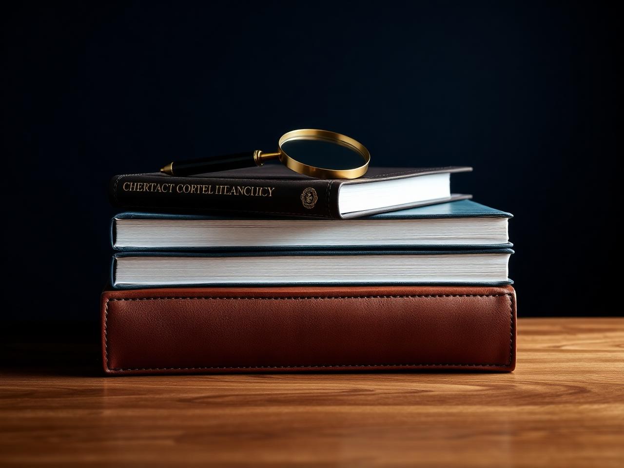 Stack of leather-bound compliance binders on a walnut surface with a brass magnifying loupe