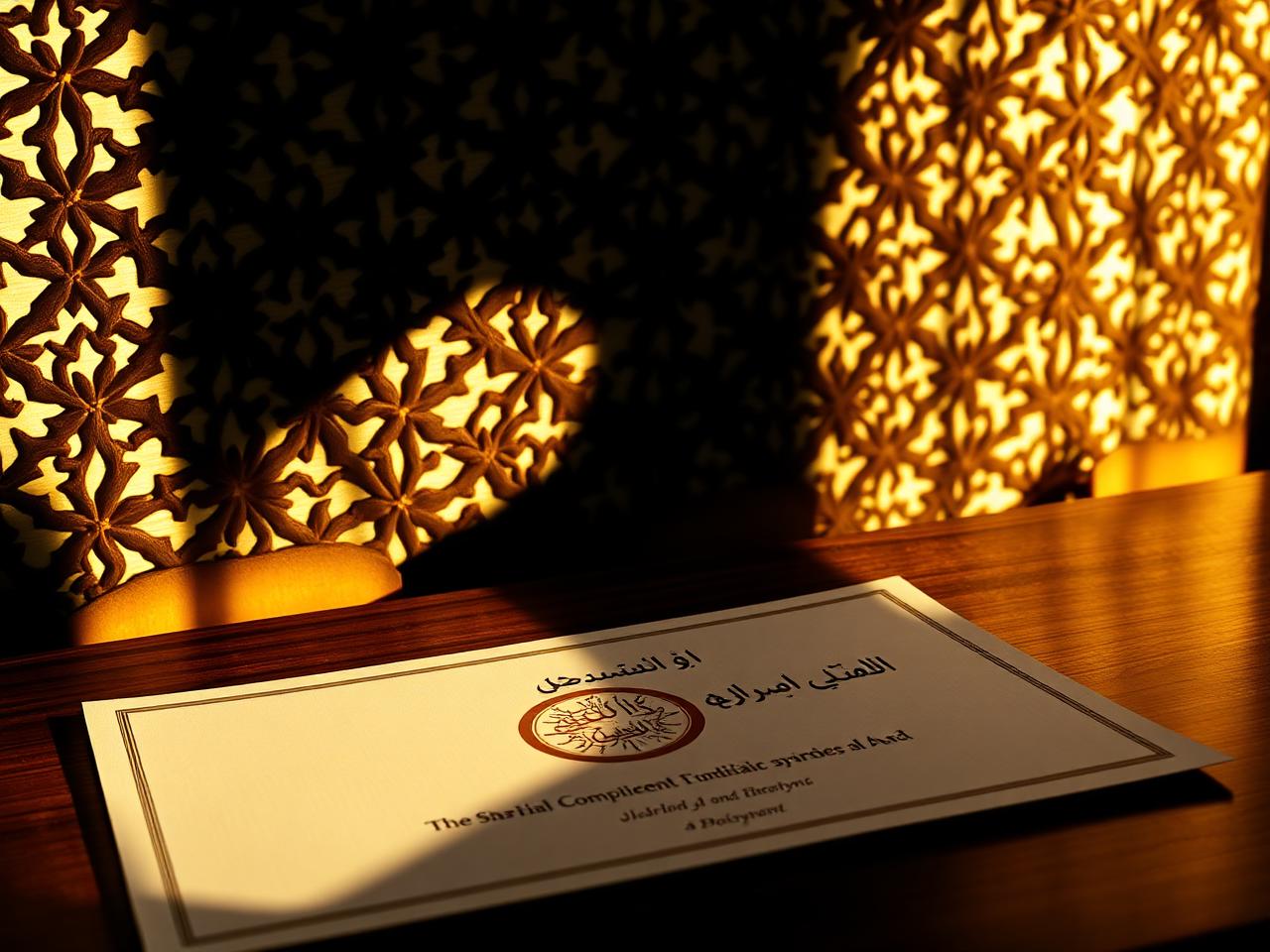 An intricate Omani geometric mashrabiya screen casting warm shadows over a Shari'a-compliant fund document