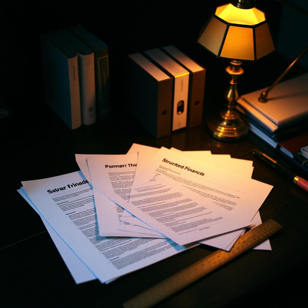 Fanned structured product term sheets on a dark desk beside a brass ruler and lamp