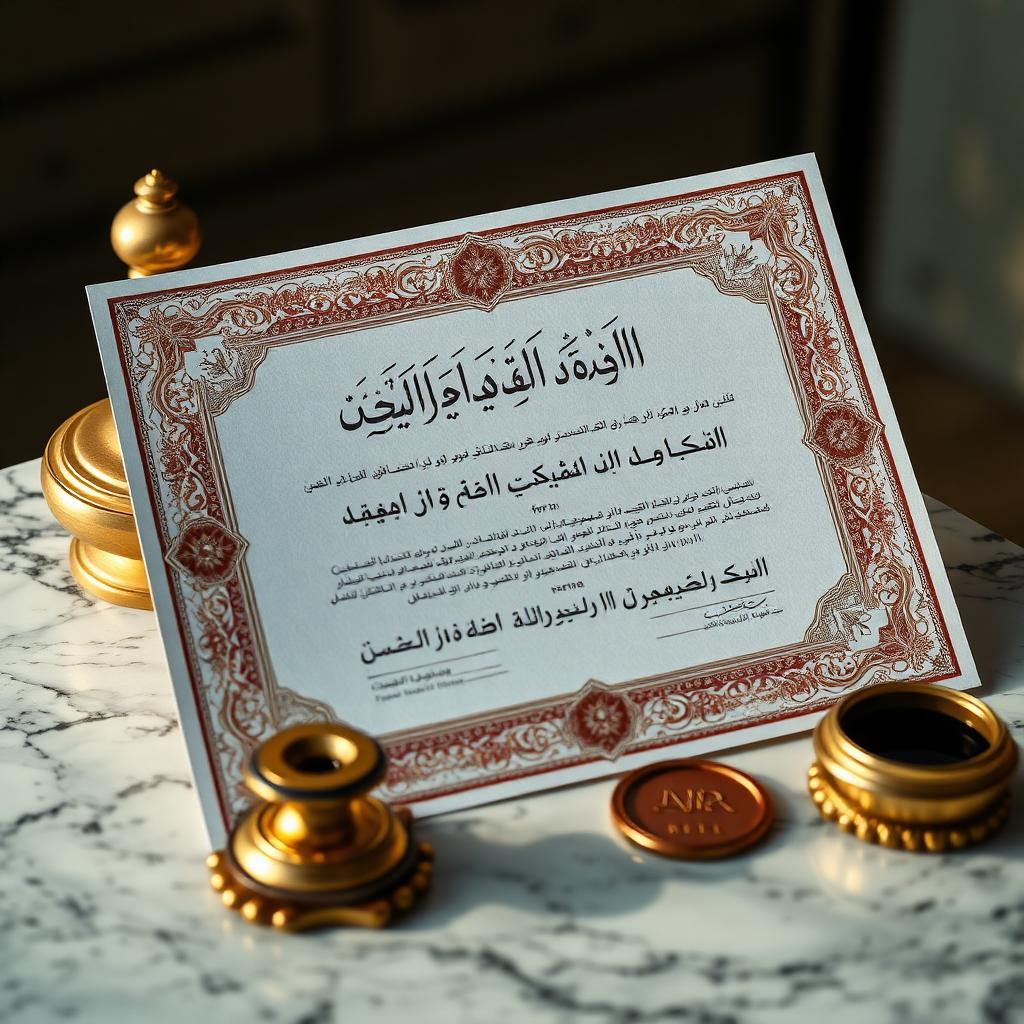 A sukuk certificate with arabesque border resting on a marble surface beside a brass seal