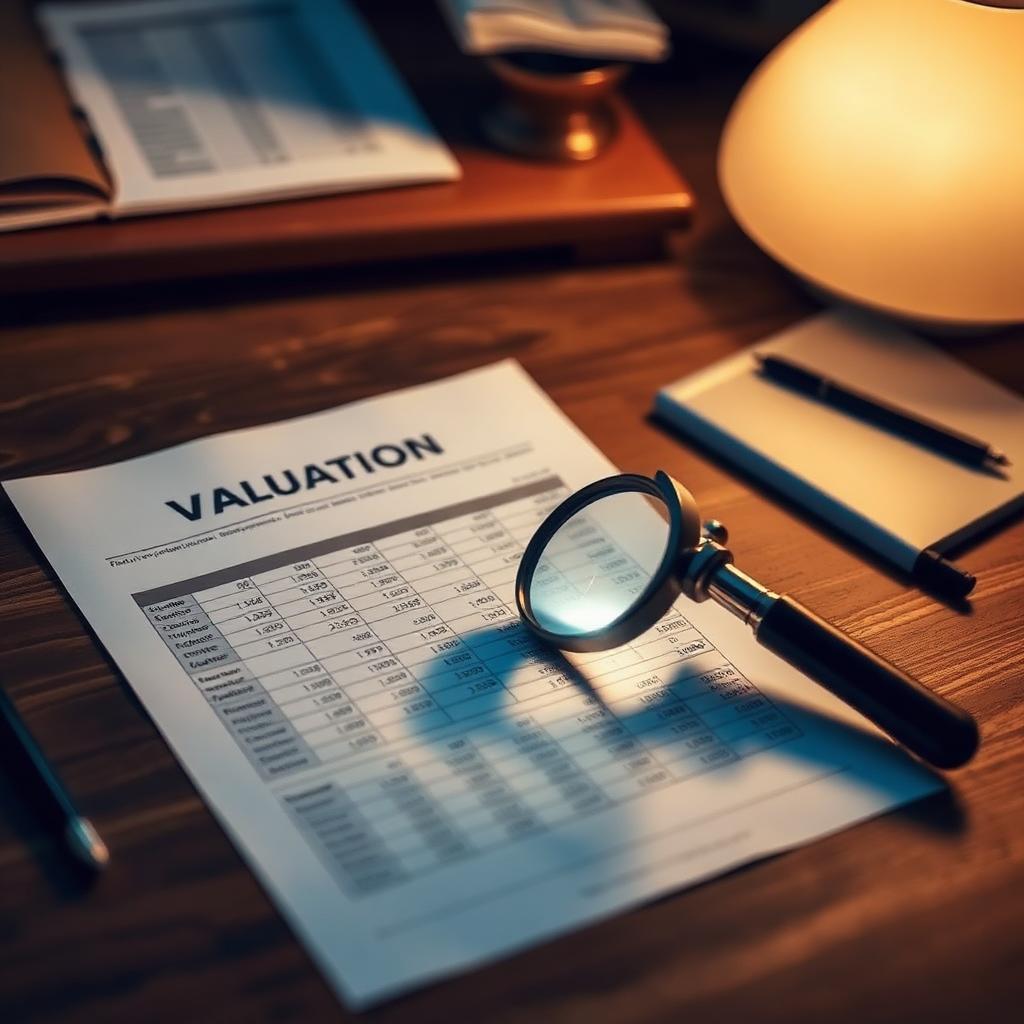 A valuation report on a walnut desk with a magnifying glass over a spreadsheet