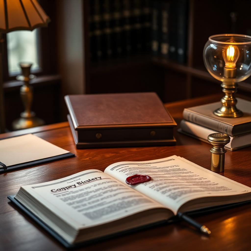 A company registry and corporate secretary ledger on a walnut desk with a wax seal