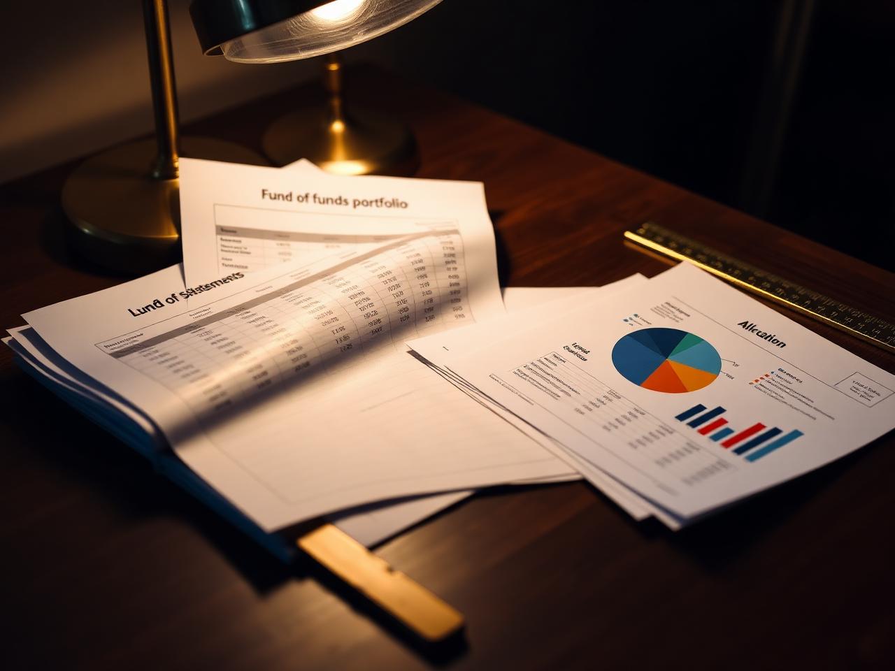 Fanned fund of funds allocation statements and a pie chart printout on a walnut desk under warm lamp light