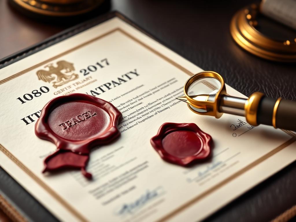 Registration certificate with a crimson wax seal, magnifying loupe, and fountain pen