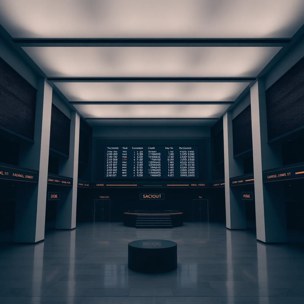 Interior of a modern exchange listing hall with a digital ticker board on a dark navy wall