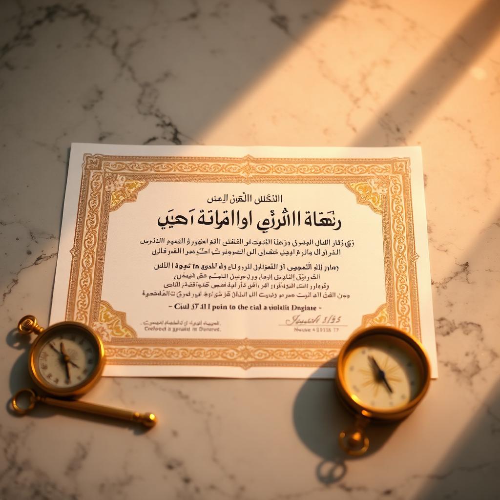 An Islamic takaful certificate with arabesque border on a marble surface beside a brass compass