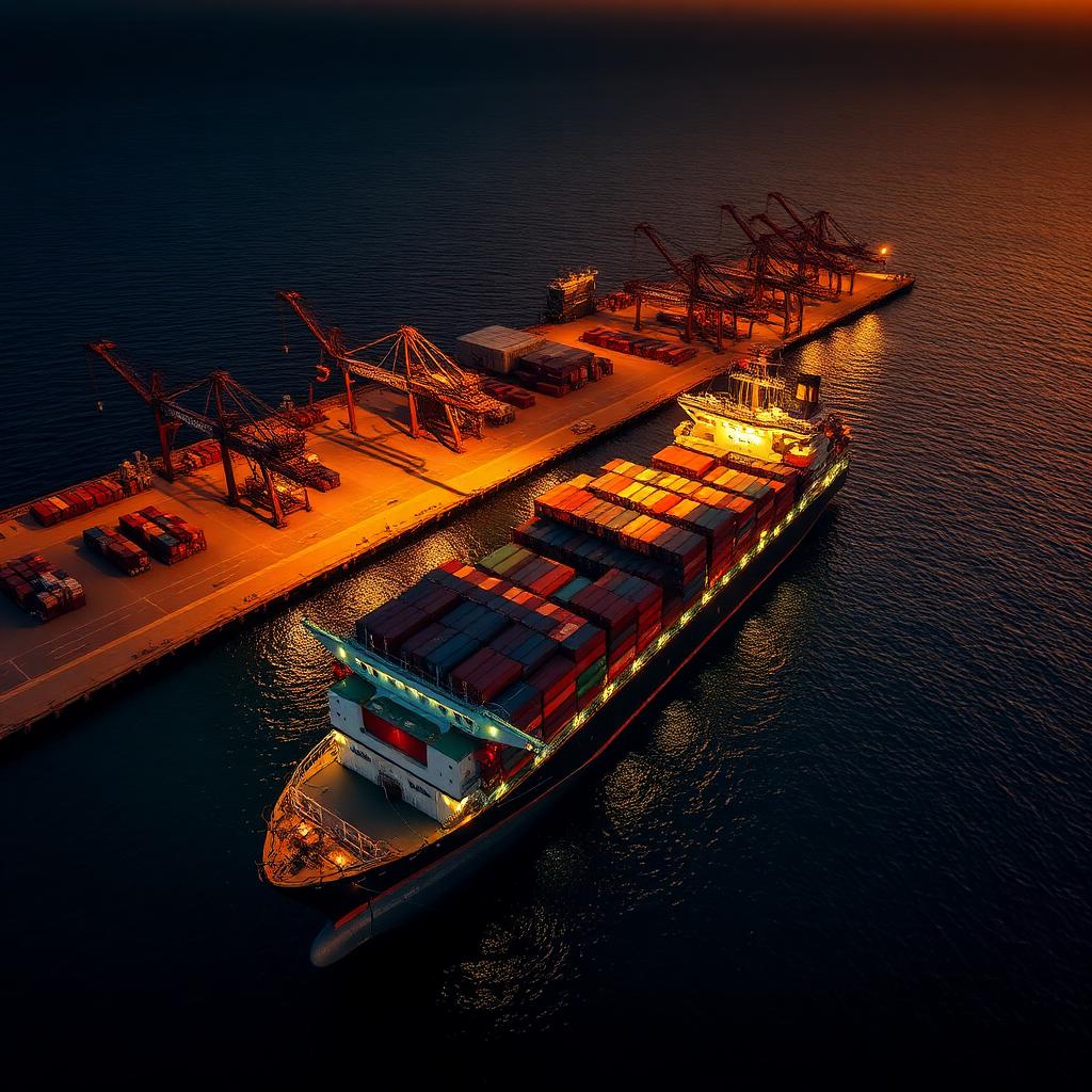 An aerial view of a container port at dusk with cranes and shipping in warm golden light