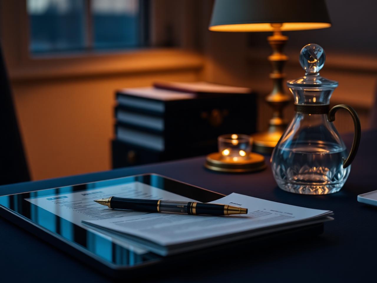 Private banking desk at dusk with tablet, folded statements, fountain pen, and crystal carafe