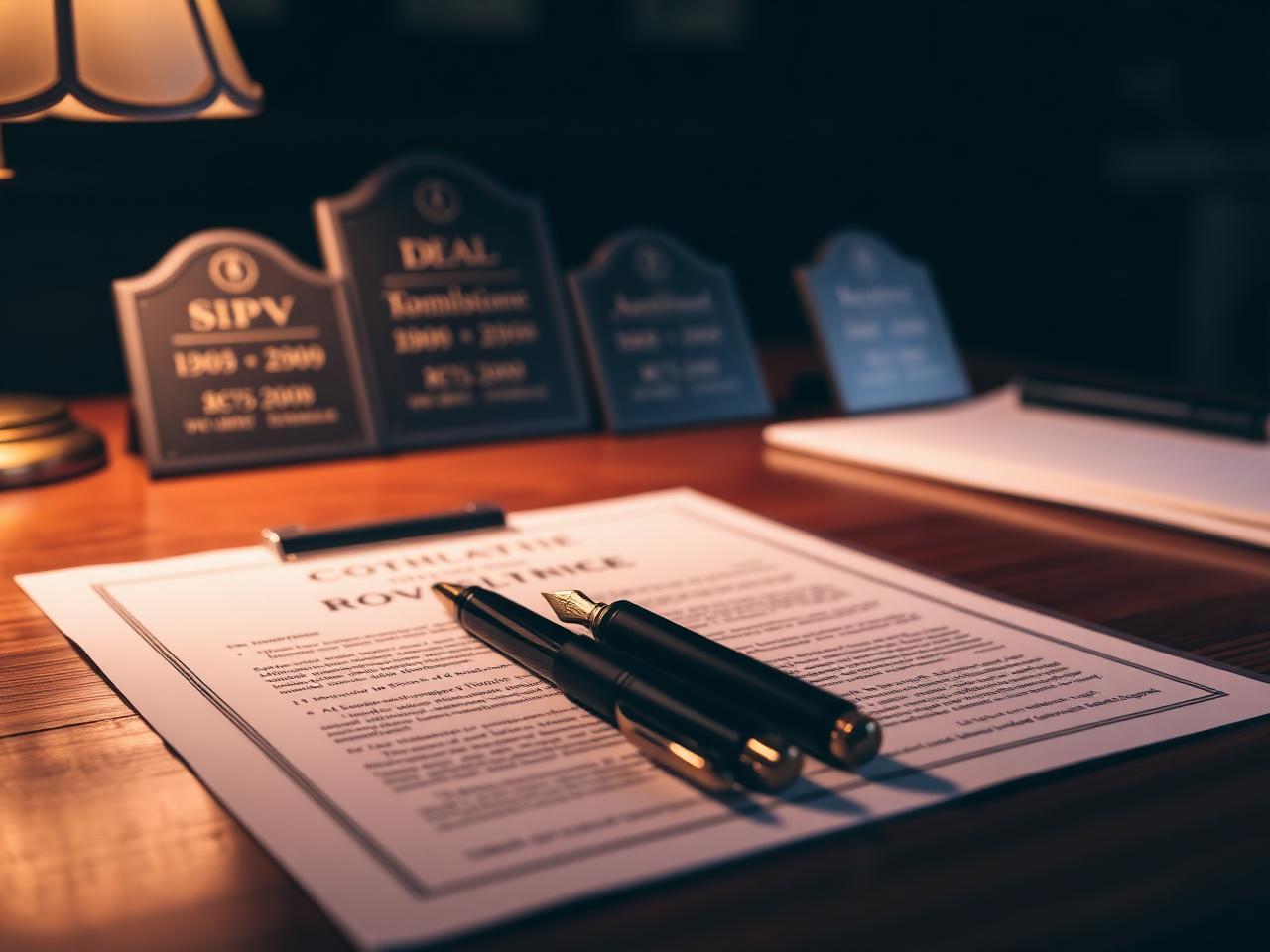 Co-investment SPV documents on a walnut desk beside two crossed fountain pens with deal tombstones in the background