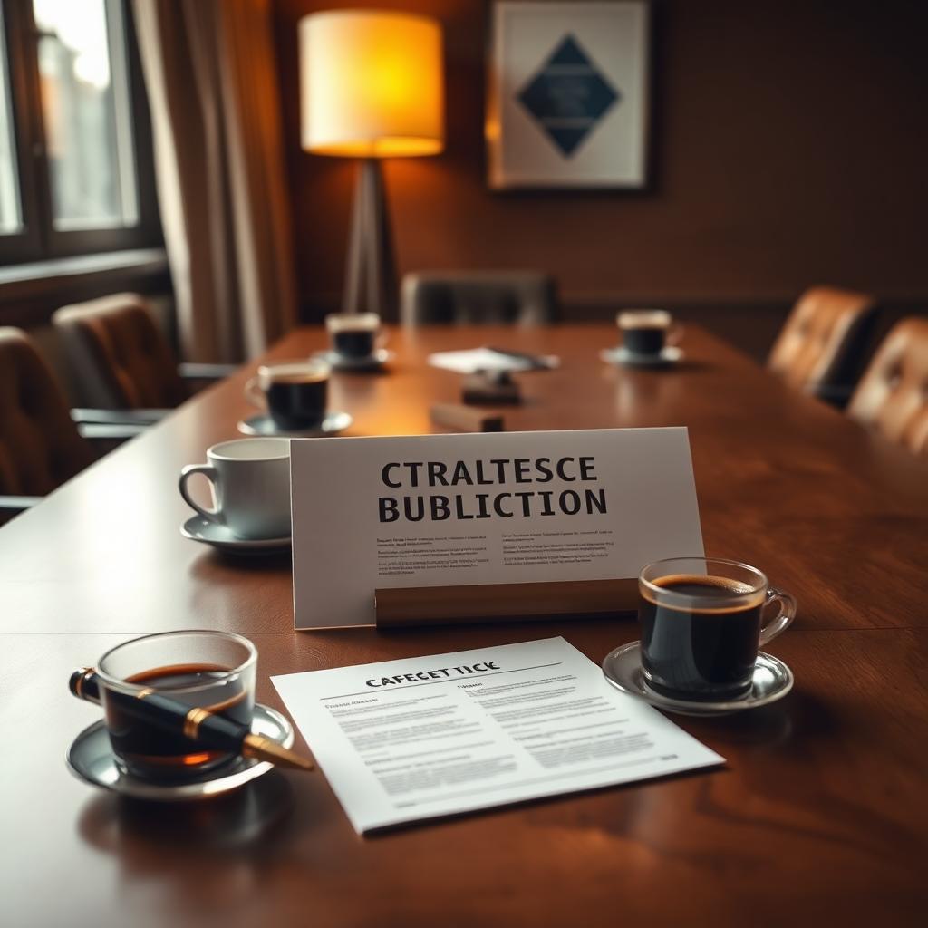 A management consulting strategy deck on a boardroom table beside espresso cups
