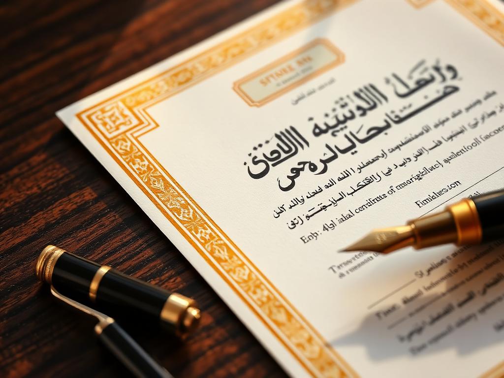 Ornate sukuk certificate with arabesque gold border resting on a walnut surface