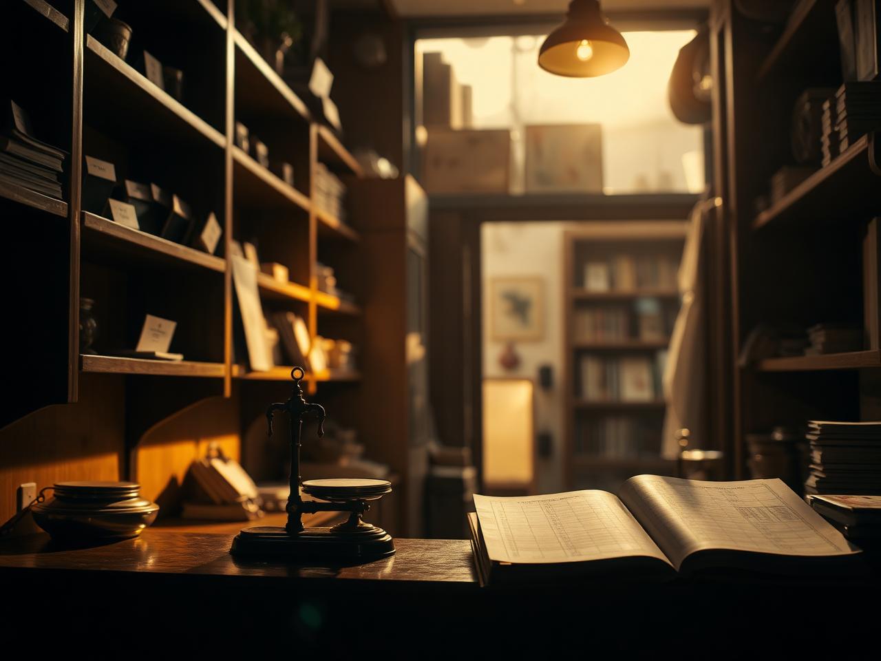 Warm dusk light through a small Omani merchant storefront with brass scales and a ledger