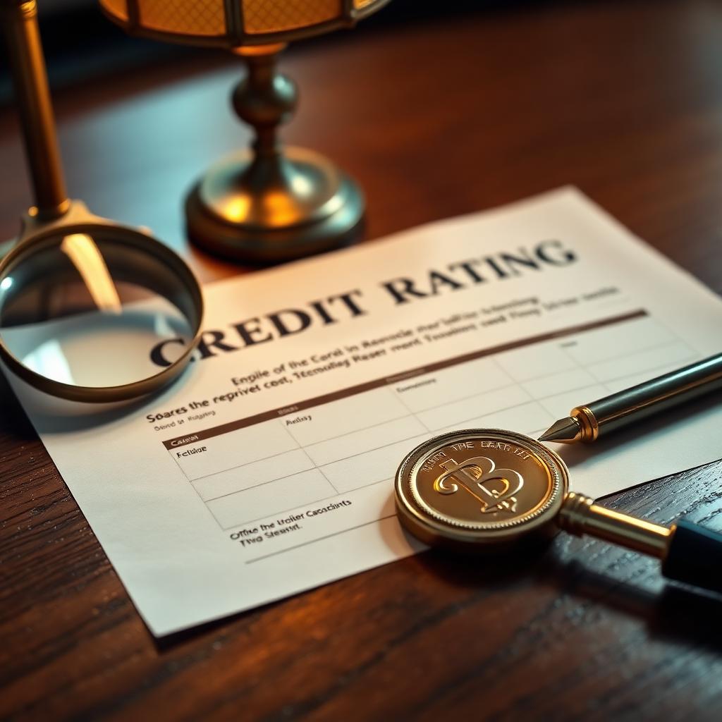 A credit rating report with a gold-embossed seal and a magnifying glass on a dark walnut desk