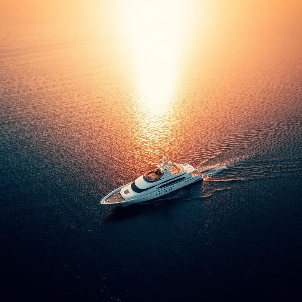 An aerial photograph of a superyacht at sea at golden hour