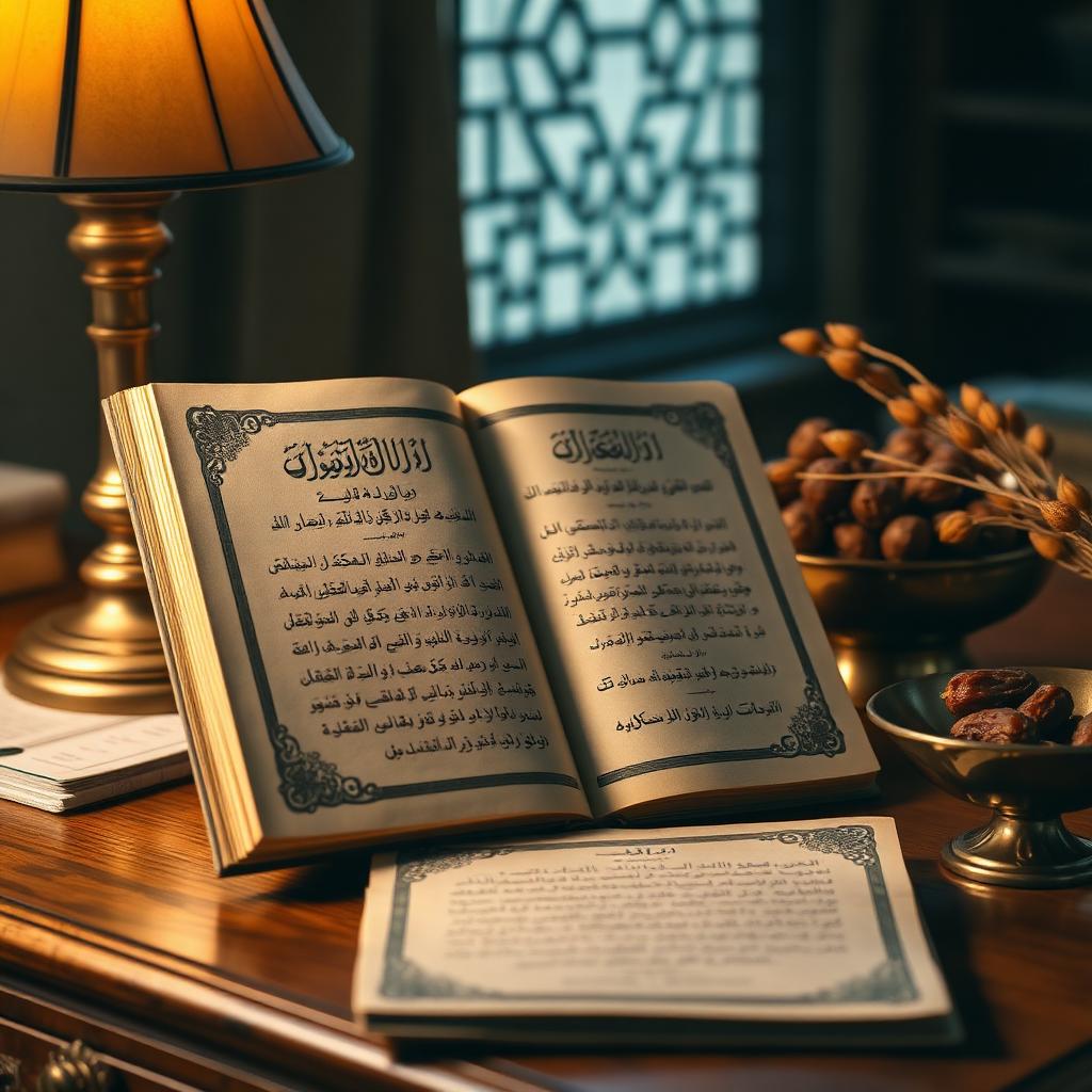 An Islamic zakat and waqf endowment ledger on a walnut desk beside dates and a lamp